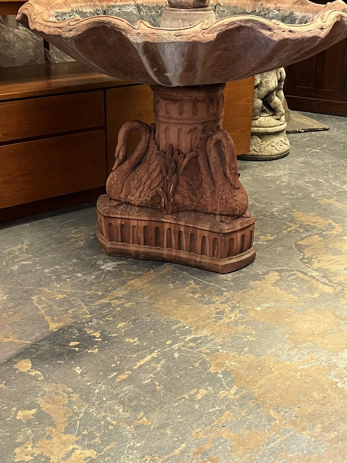 LARGE Terracotta Garden Fountain, On A Swan Base, Oyster Shell With A Boy & Carp