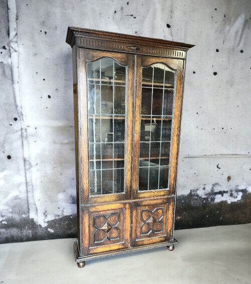 Edwardian Oak Bookcase , Adjustable Shelves, Lead light Glazing. Key & Locking.