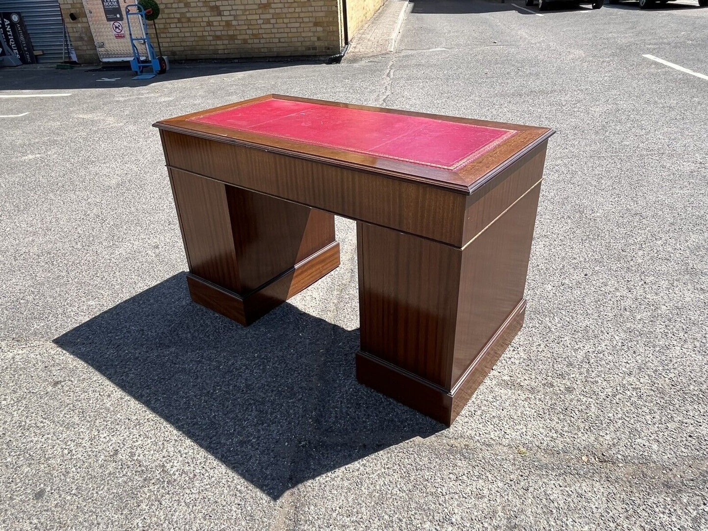 Pedestal Desk With Red Leather Top. Splits In 3 Pieces For Easier Transportation