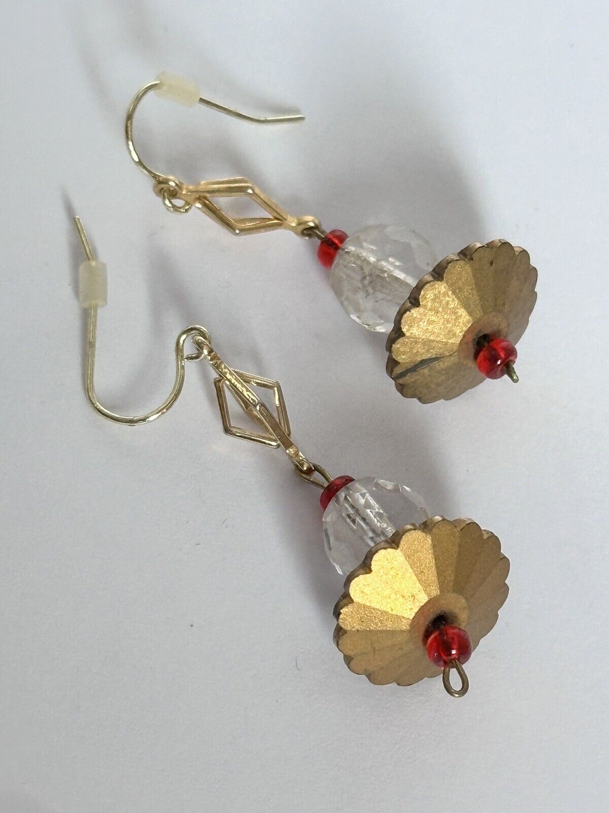 Vintage Gold Tone Crystal Red Beaded Drop Earrings