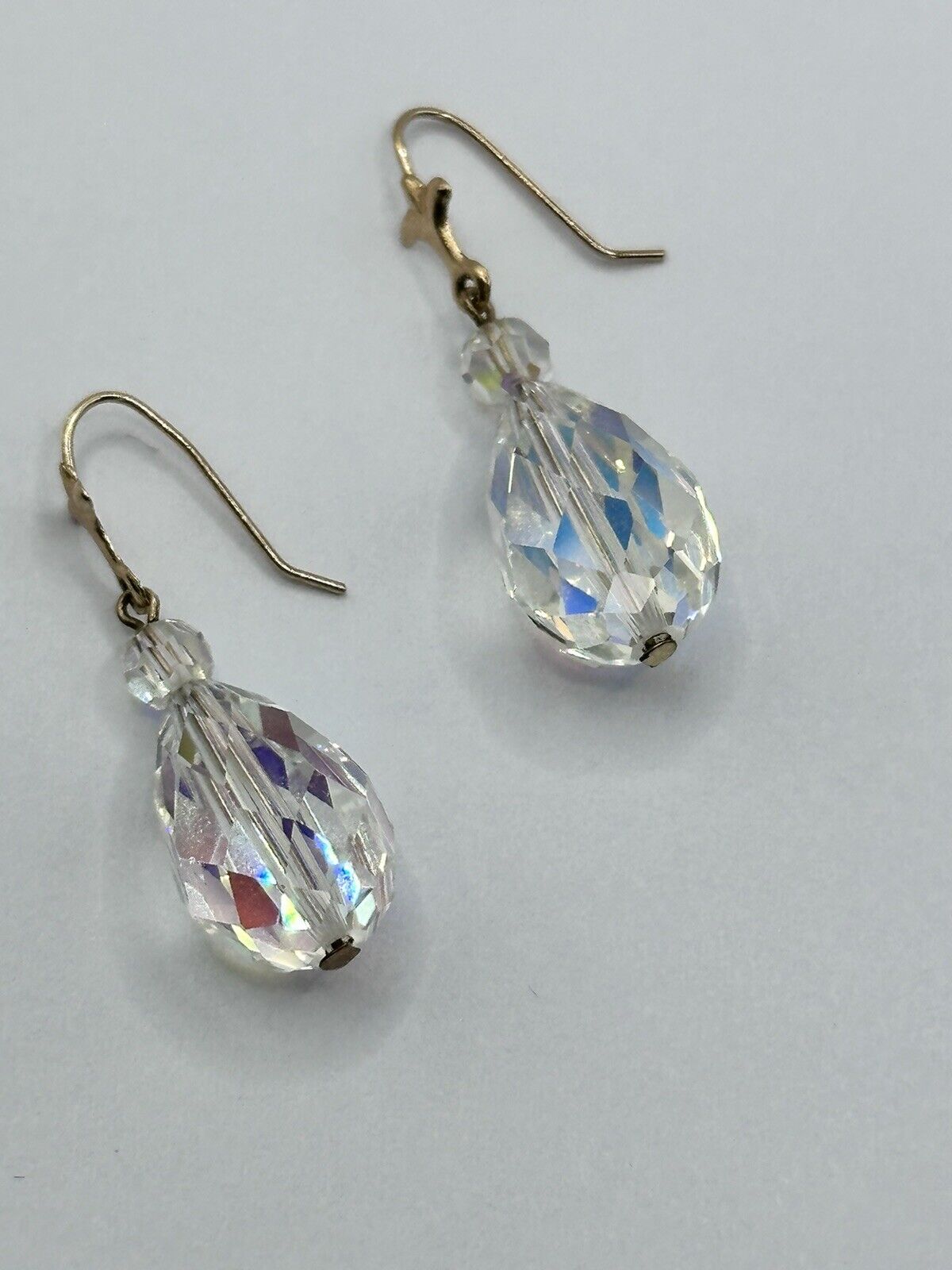 Vintage 9ct Gold Aurora Borealis Crystal Drop Earrings