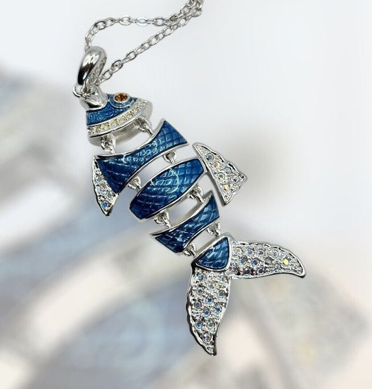 Vintage 1980s Rhodium Plated Blue Enamel Diamanté Fish Pendant Necklace