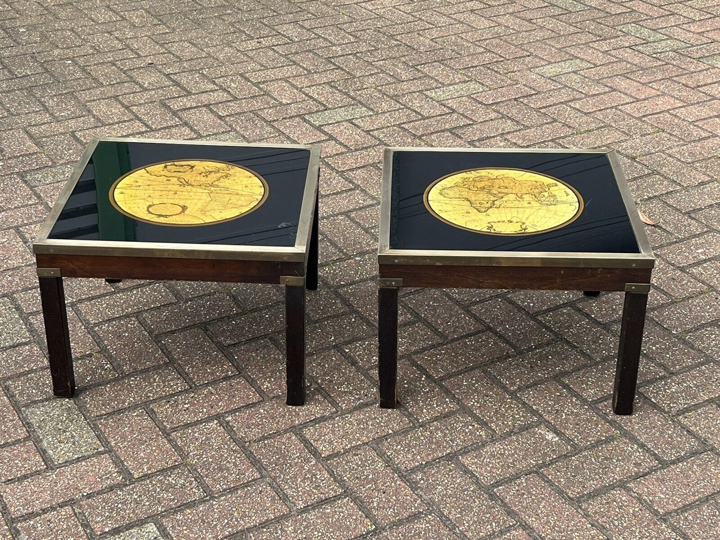 Pair Of Military Style Brass Bound Map Coffee Tables, Lamp Tables, Side Tables