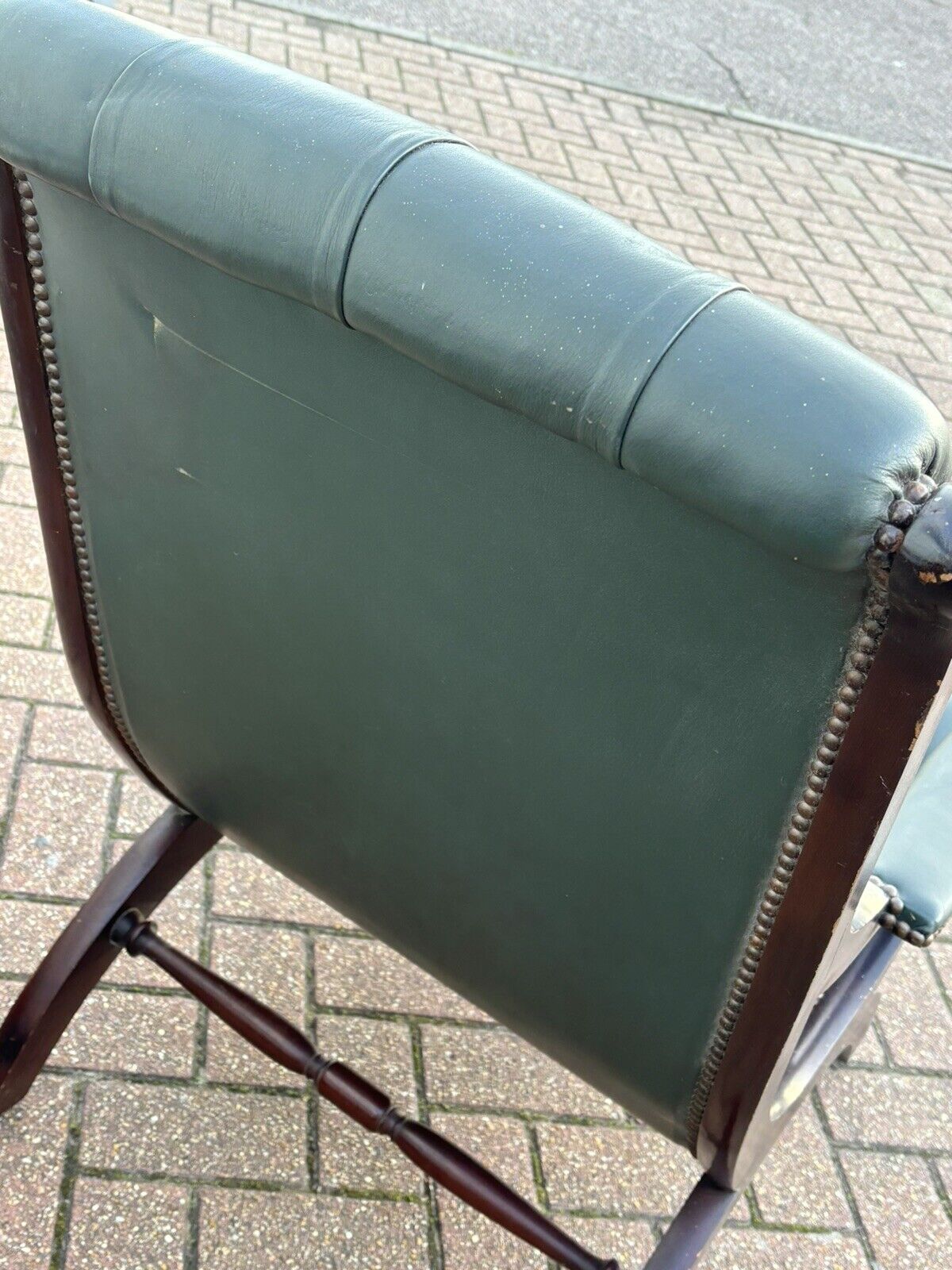 Green Leather Buttoned Back Armchair. Slipper Chair/ Reading Chair