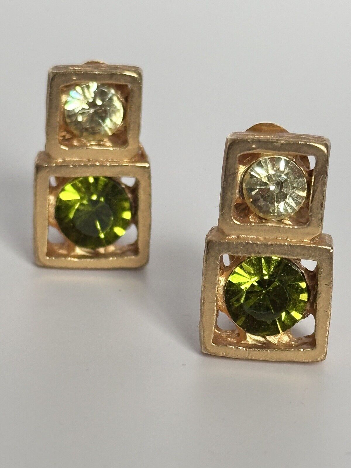 Vintage Gold Tone Green Diamantés Clip On Earrings