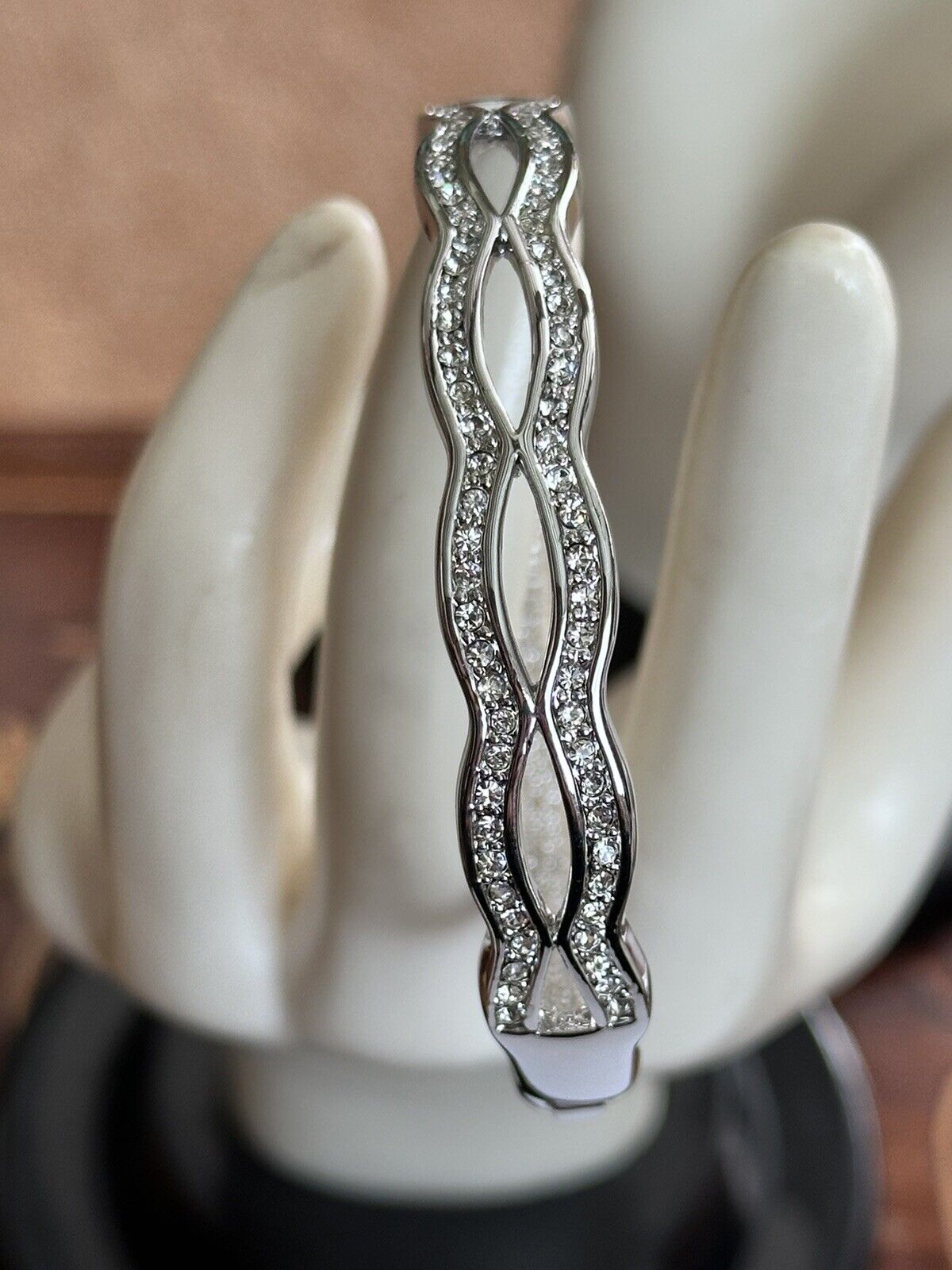 Vintage 1980s Rhodium Plated Diamanté Wave Bracelet New Old Stock