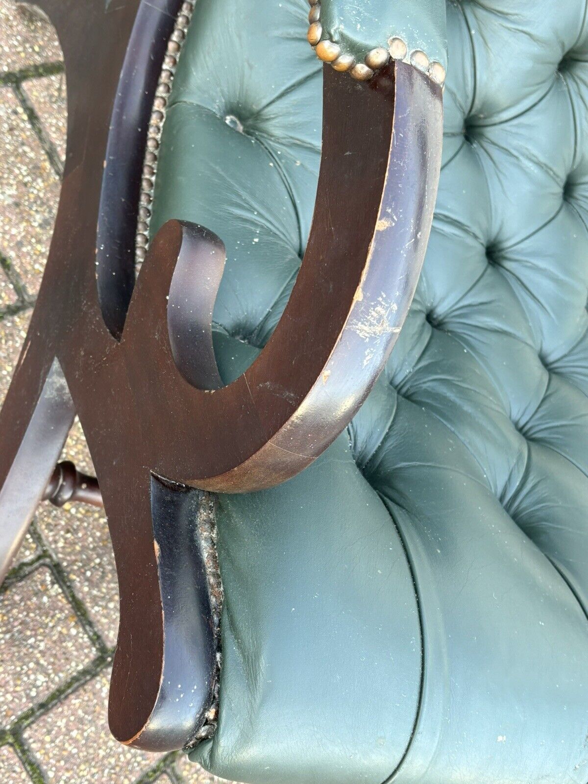 Green Leather Buttoned Back Armchair. Slipper Chair/ Reading Chair