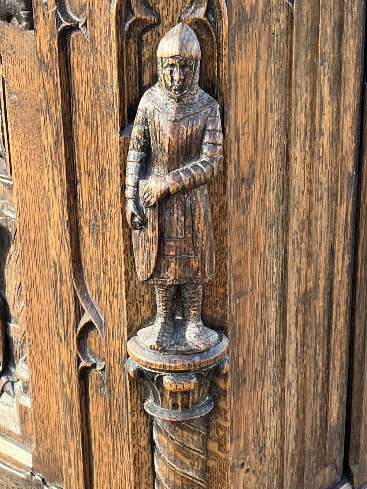 Drinks Cabinet, In Oak With Fine Carved Figures Of Knights & A Maiden.