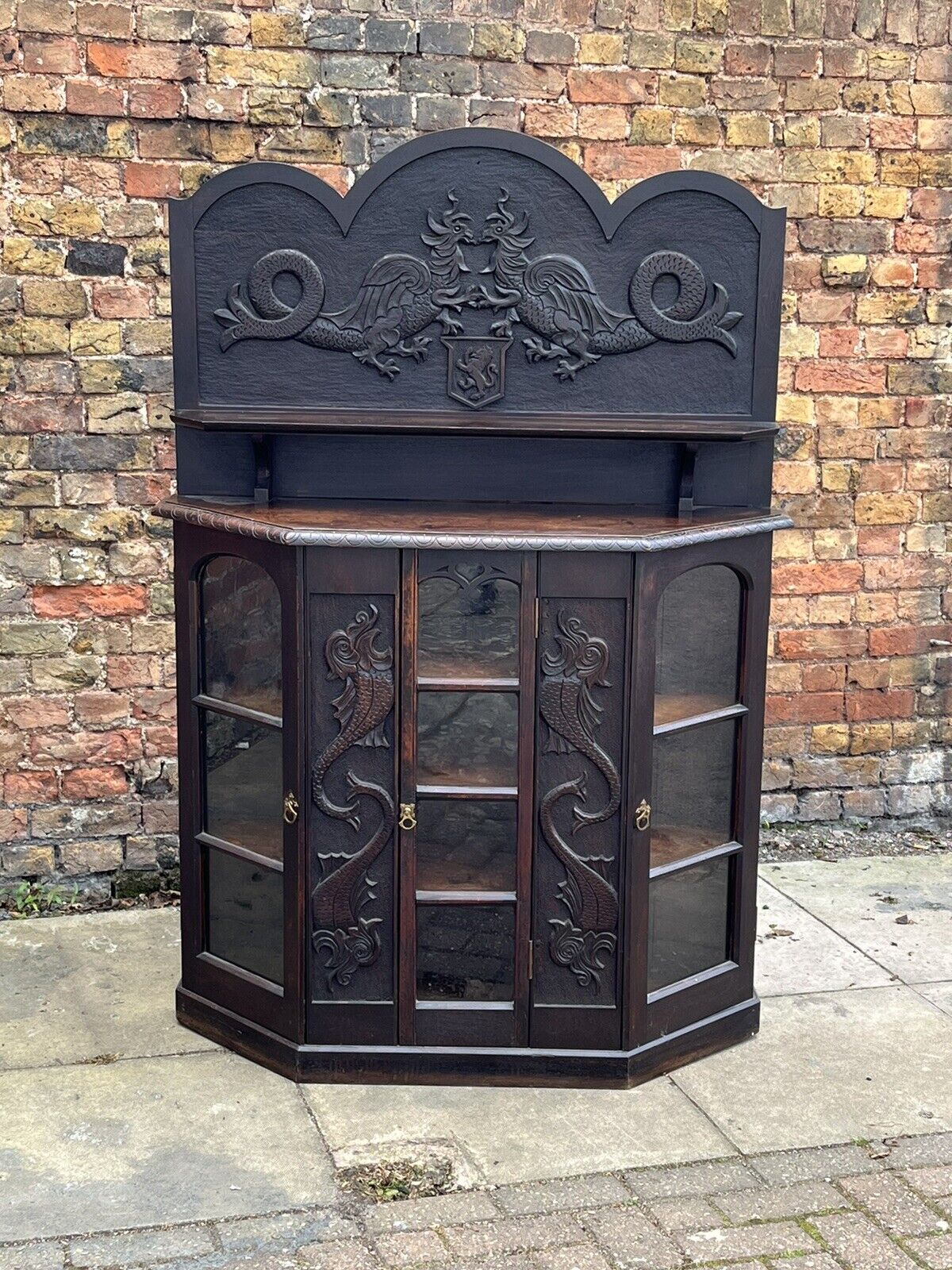 Antique Sideboard/ Display Cabinet With Carved Family Crest.