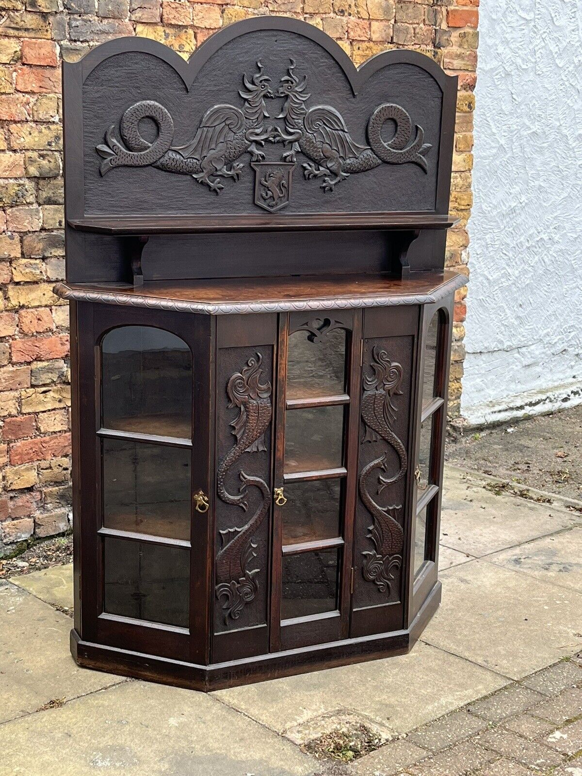 Antique Sideboard/ Display Cabinet With Carved Family Crest.