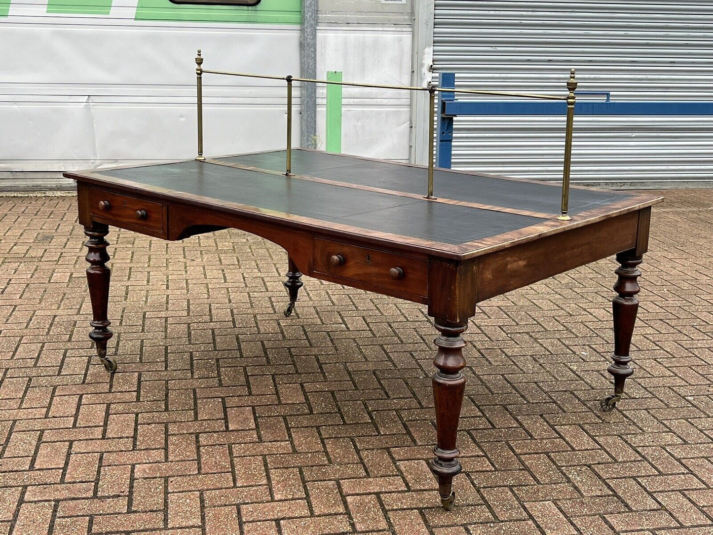 Victorian Mahogany Library Partners Desk. Original Brass Privacy Rail, 4 Drawers