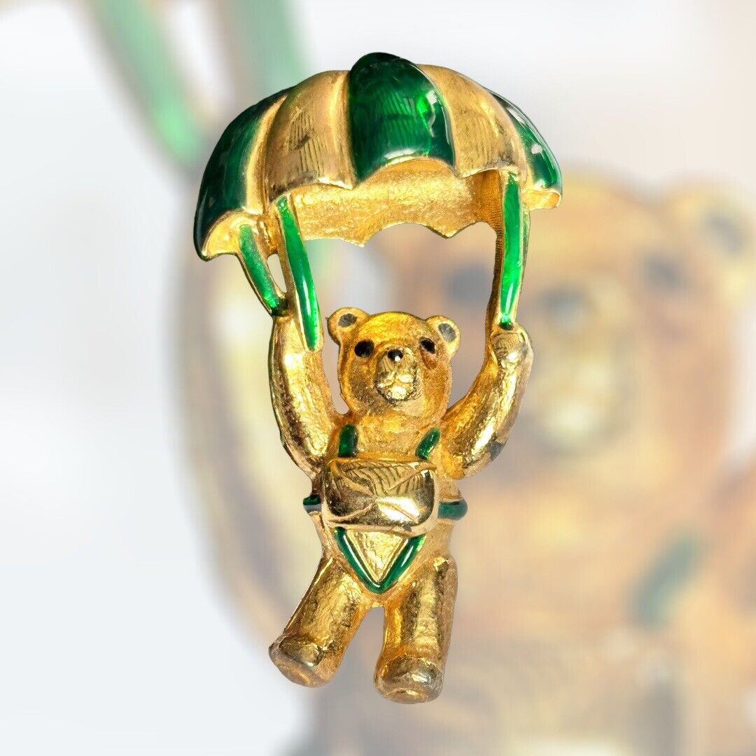 Vintage Gold Plated Green Enamel Teddy Bear Brooch