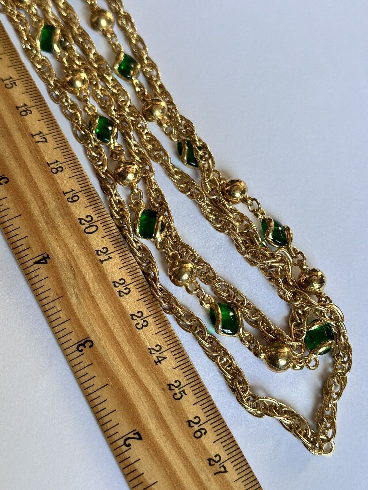 Vintage Gold Plated Triple Strand Green Glass Substantial Necklace