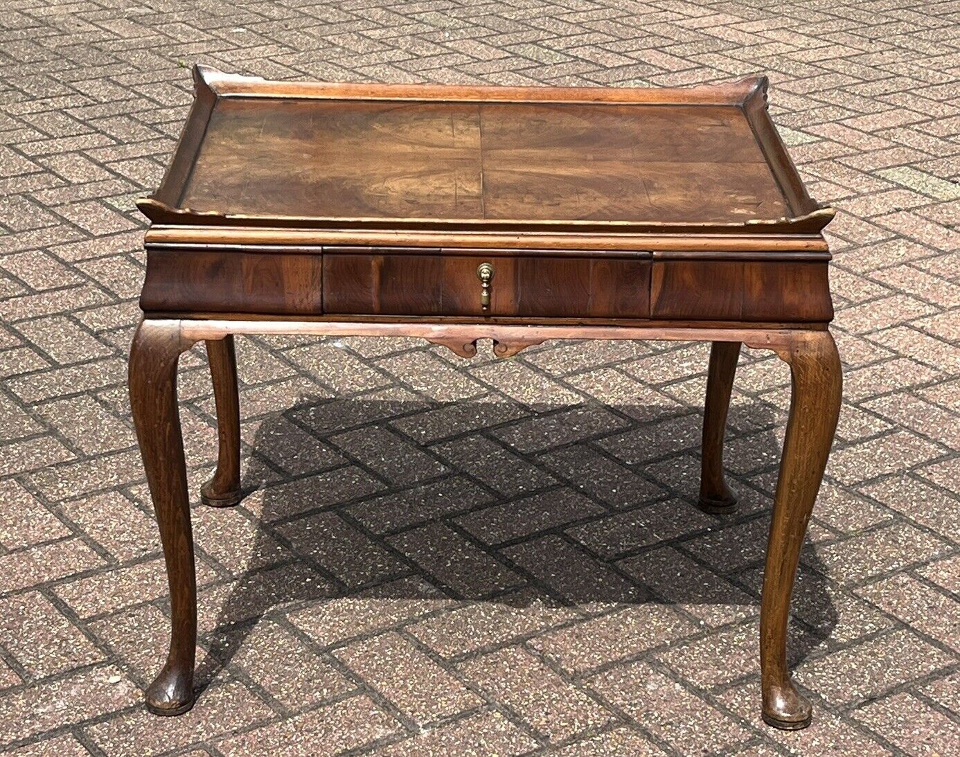 Antique Burr Walnut Tray Top Side Table With Drawer. Pad Feet, Brass Handle.