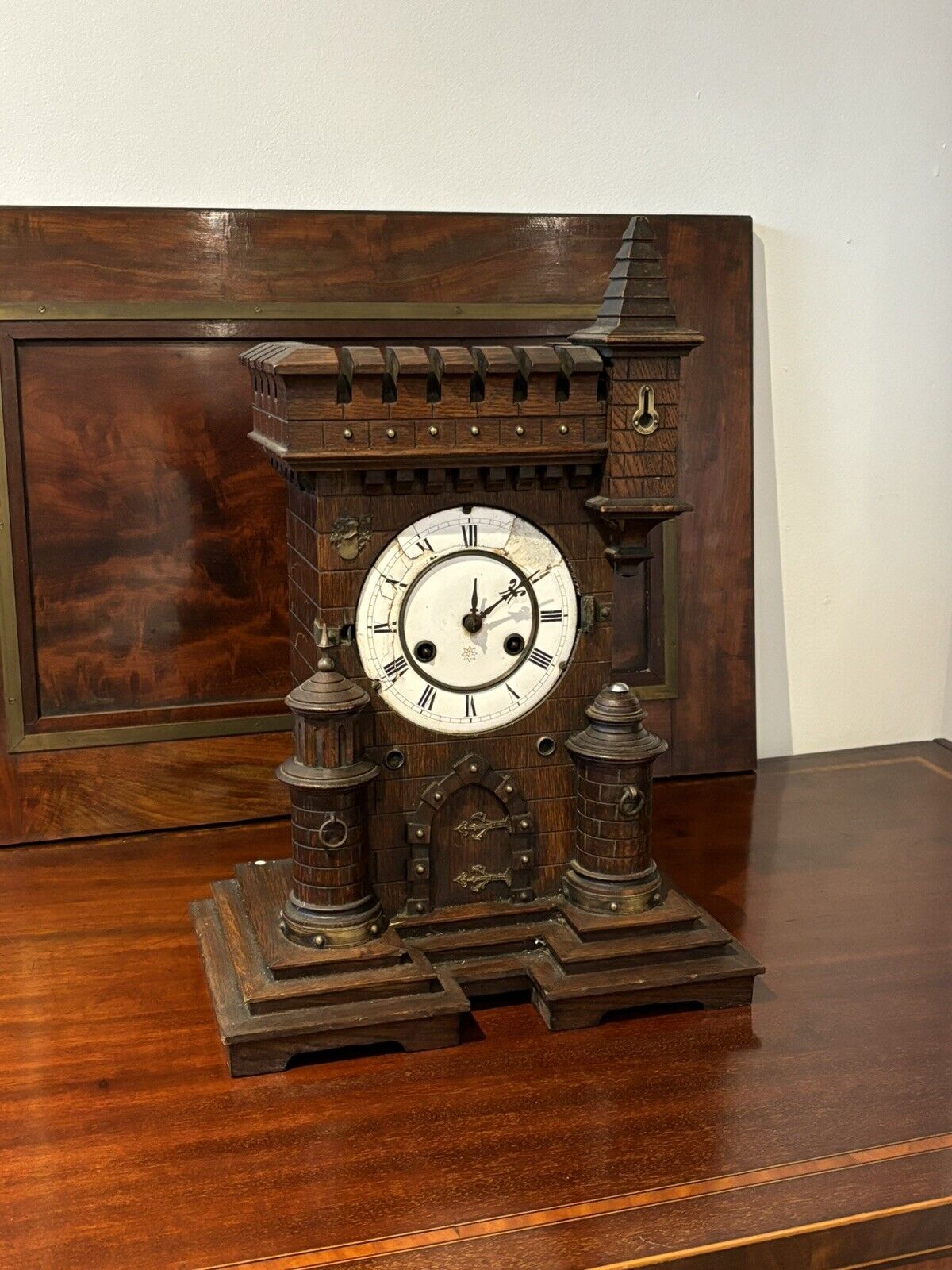 Antique Black Forest Architectural Wooden Mantle Clock