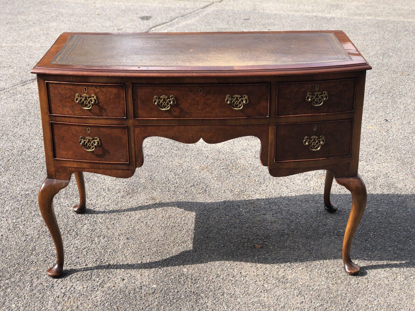 1930’s Walnut Desk, Leather Top, Brass Handles.