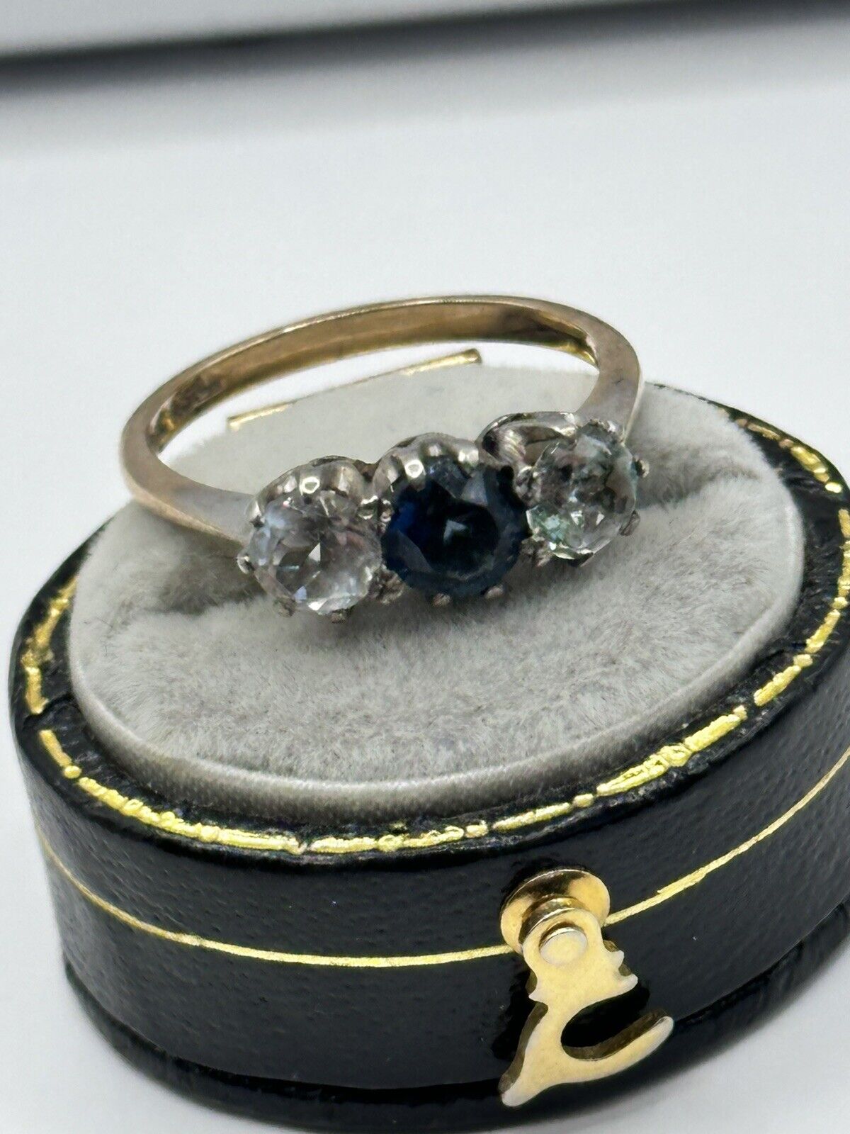 Vintage 9ct Gold And Silver Blue Clear Paste Trio Ring