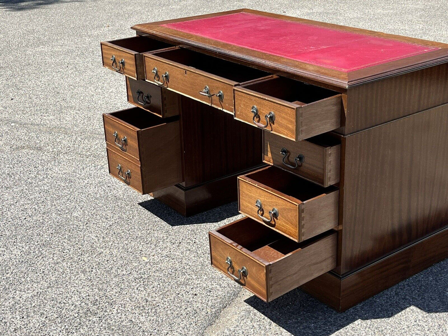 Pedestal Desk With Red Leather Top. Splits In 3 Pieces For Easier Transportation