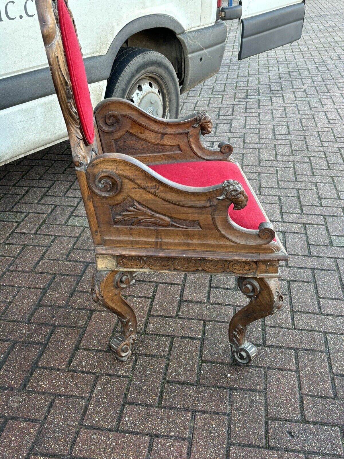 Antique Walnut Country House Library Armchair. Carved Mythical Figures.