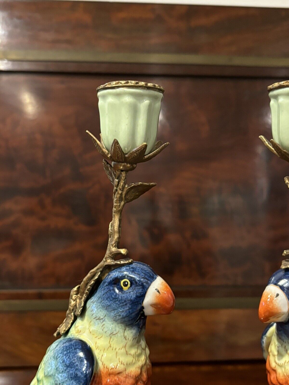 Parrot Candlesticks, Porcelain & Ormolu.