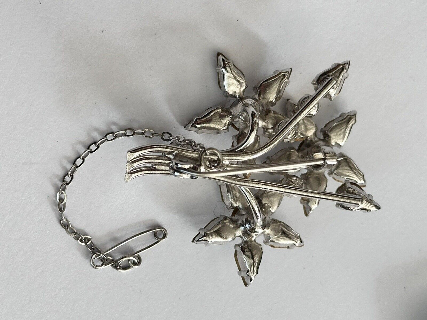 Vintage Silver Tone Paste Flower Spray Brooch Safety Pin