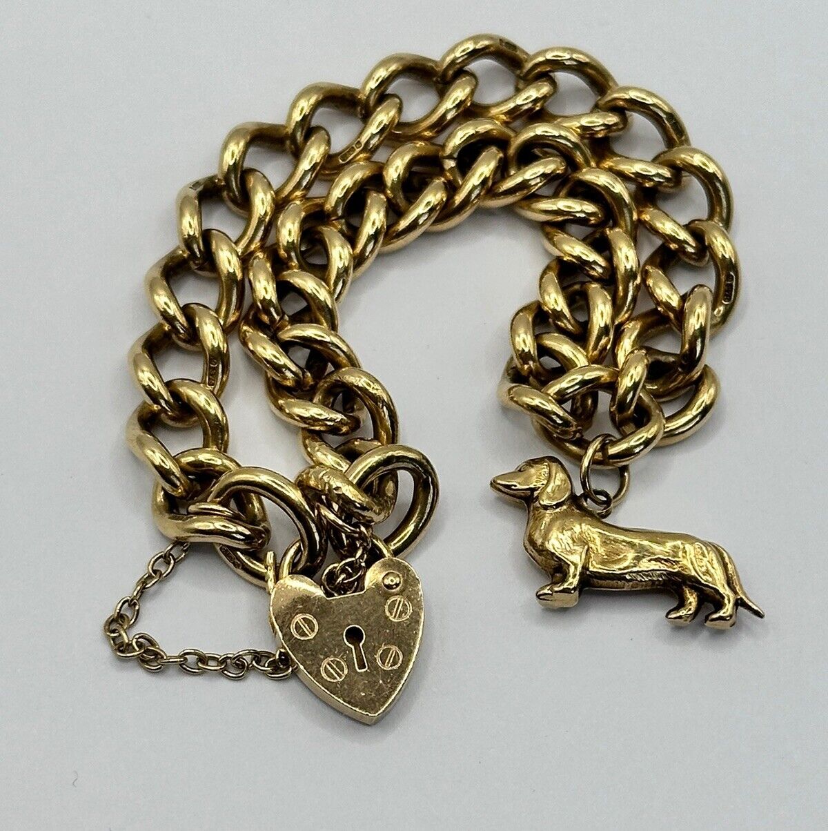 Vintage 9ct Gold Heart Padlock Bracelet With Sausage Dog Charm 28.51g