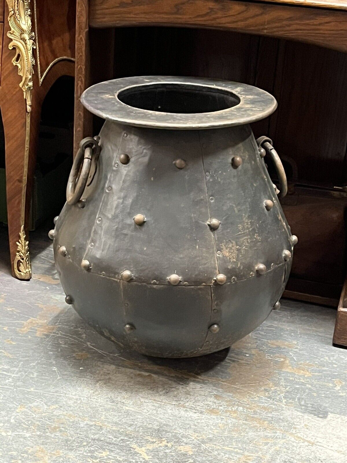 Huge Cauldron Shaped Metal Planter. Country House Style