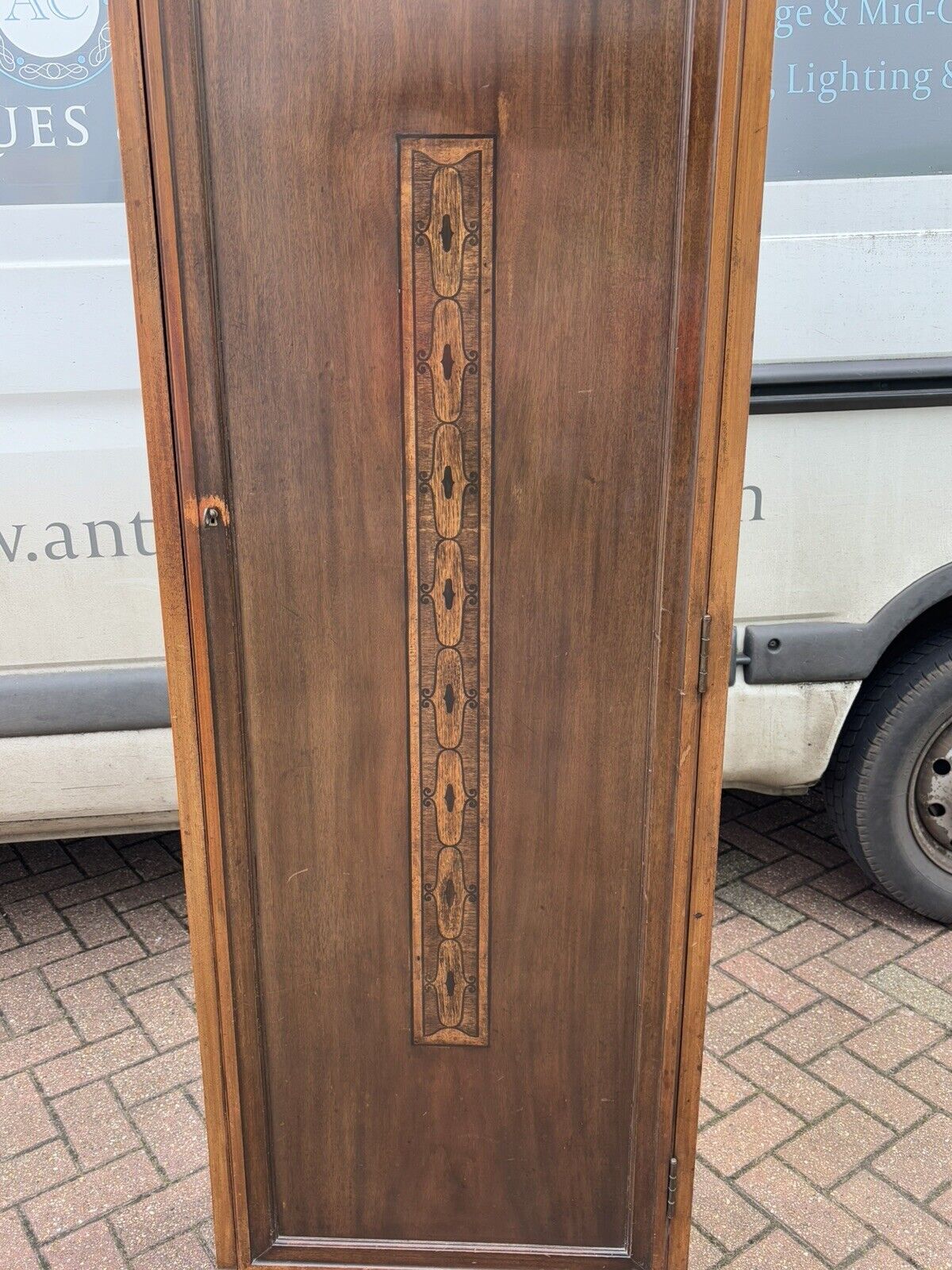 1920's Inlaid Mahogany Slim Storage Cupboards, Adjustable Shelves, Drawer, Key