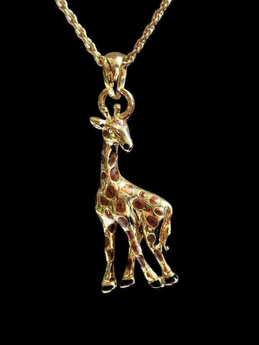 Vintage Gold Plated Enamel Giraffe Pendant Necklace