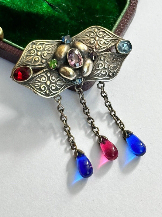 Vintage Antique Metal Czech Glass Multicoloured Brooch