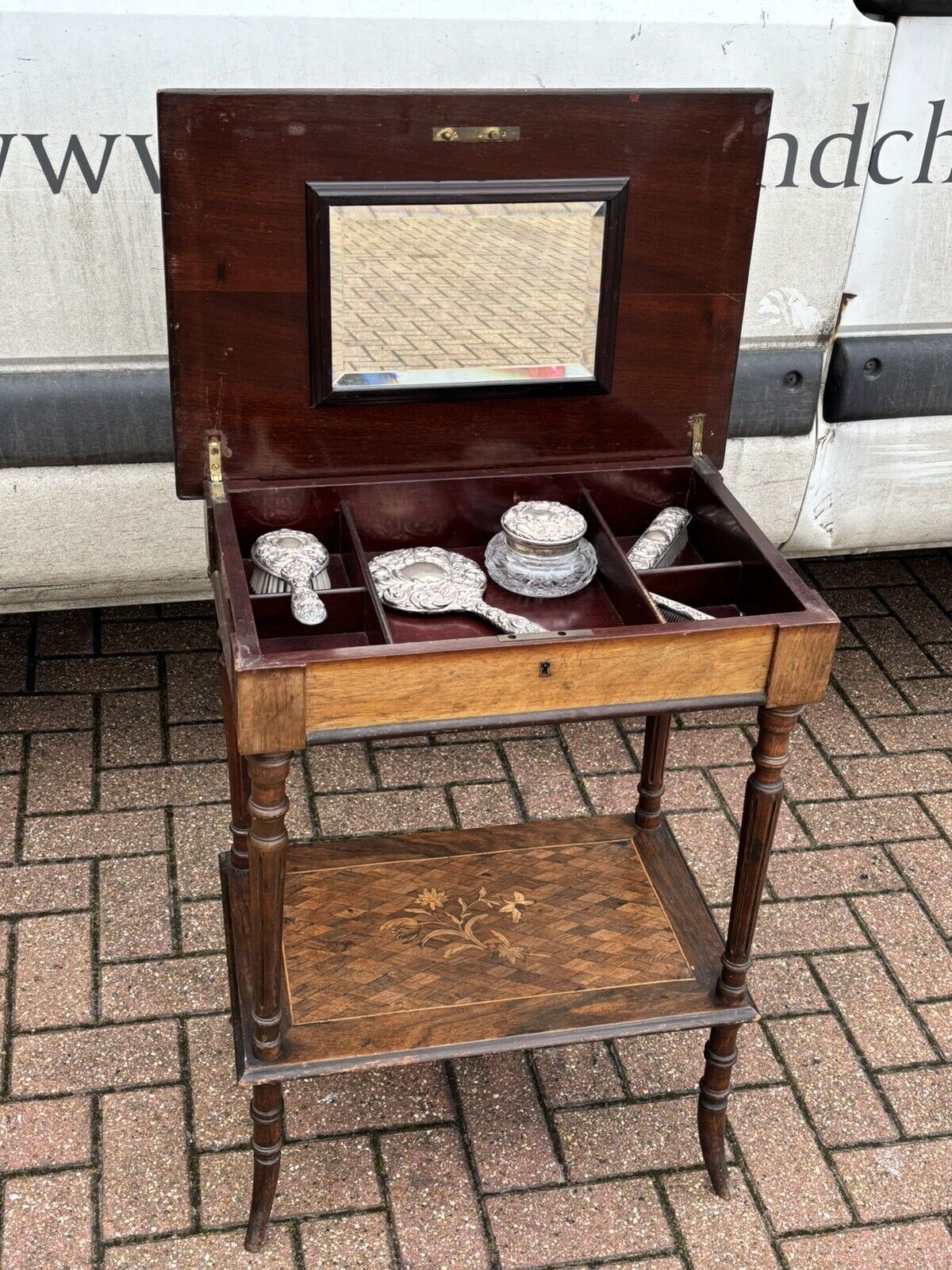 Antique Marquetry Dressing Cabinet With Silver Grooming Set, English Hallmarks