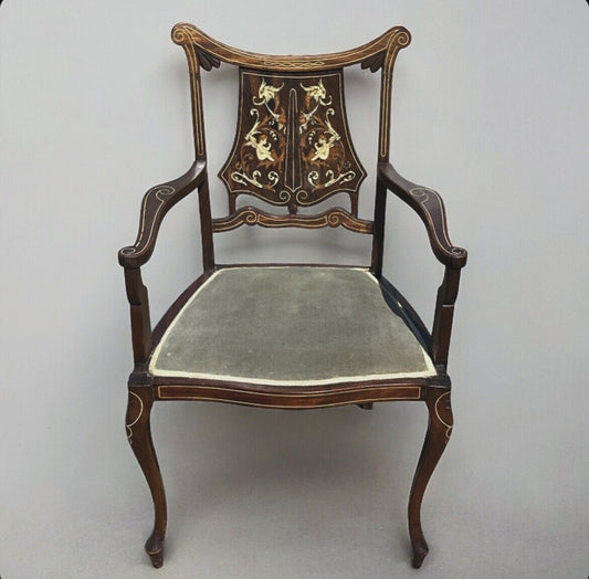 Edwardian Marquetry Inlaid With Cherubs, Mahogany Armchair , Superb Quality.