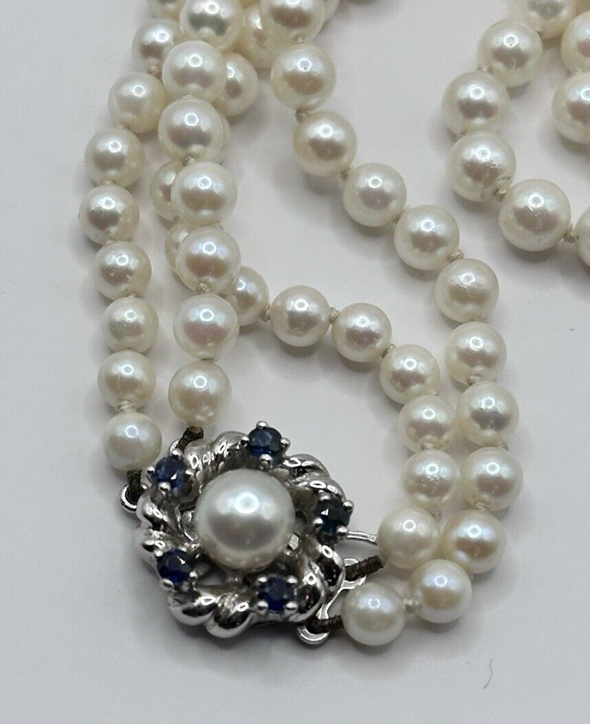 Vintage 585 14ct Gold Sapphire Clasp Graduated Cultured Pearl Necklace