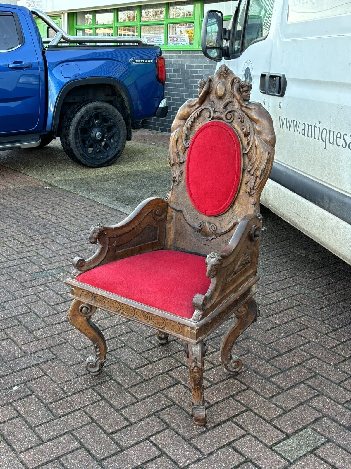 Antique Walnut Country House Library Armchair. Carved Mythical Figures.