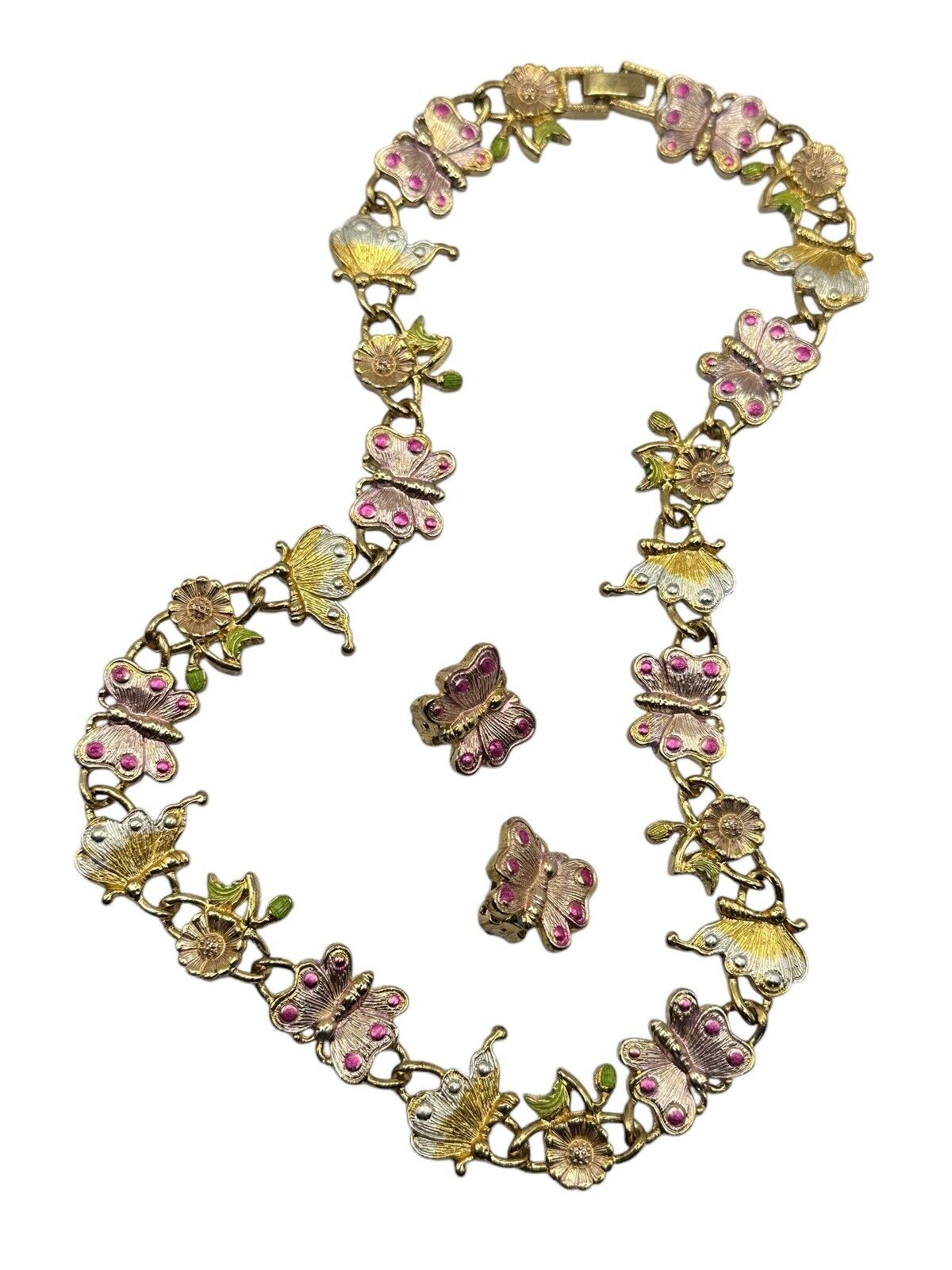 Vintage Gold Tone Pink Enamel Butterfly Flowers Necklace And Clip On Earring Set