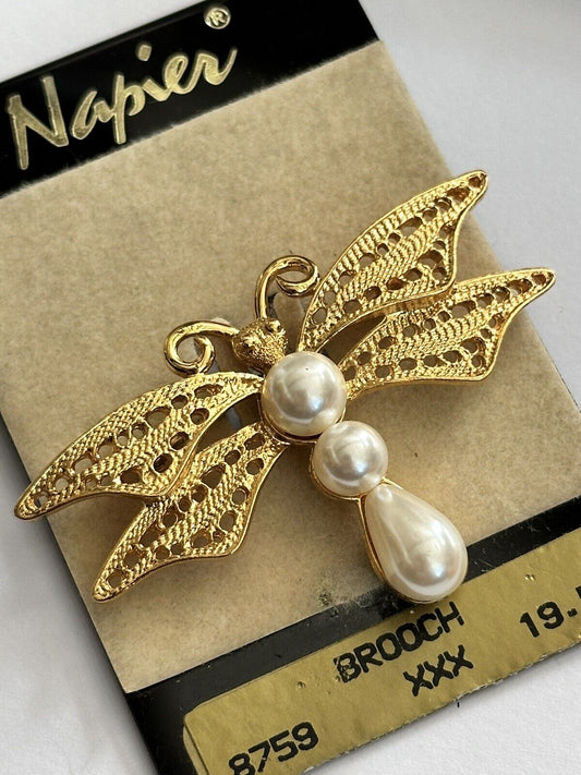 Vintage Napier Gold Tone Faux Pearl Dragonfly Brooch Original Ticket