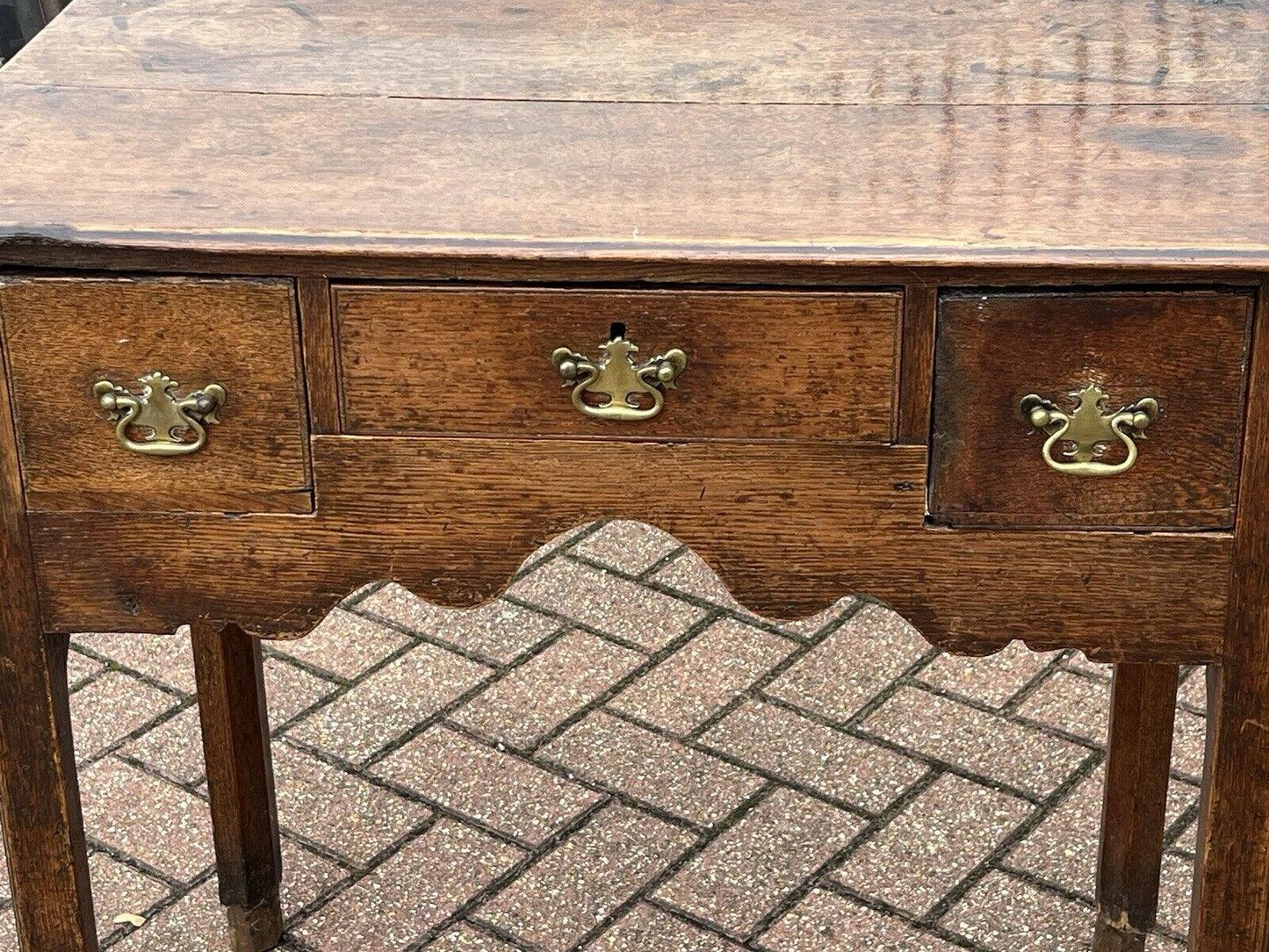 Early Georgian Oak Lowboy With Brass Handles. Make Great Hall Or Console Table