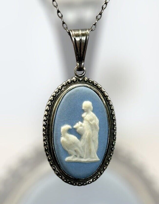 Vintage Sterling Silver Wedgewood Blue Jasperware Pendant Necklace