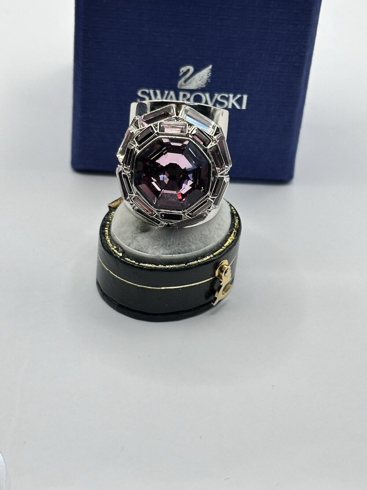 Vintage Swan Signed Swarovski Purple Stone Statement Ring Boxed