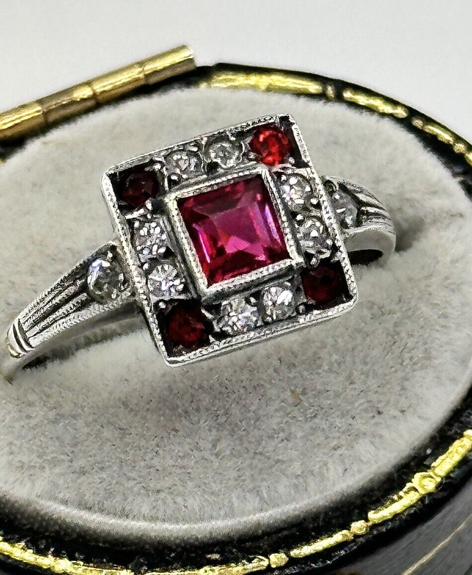 Art Deco 9ct Gold Silver 925 Red Clear Paste Ring