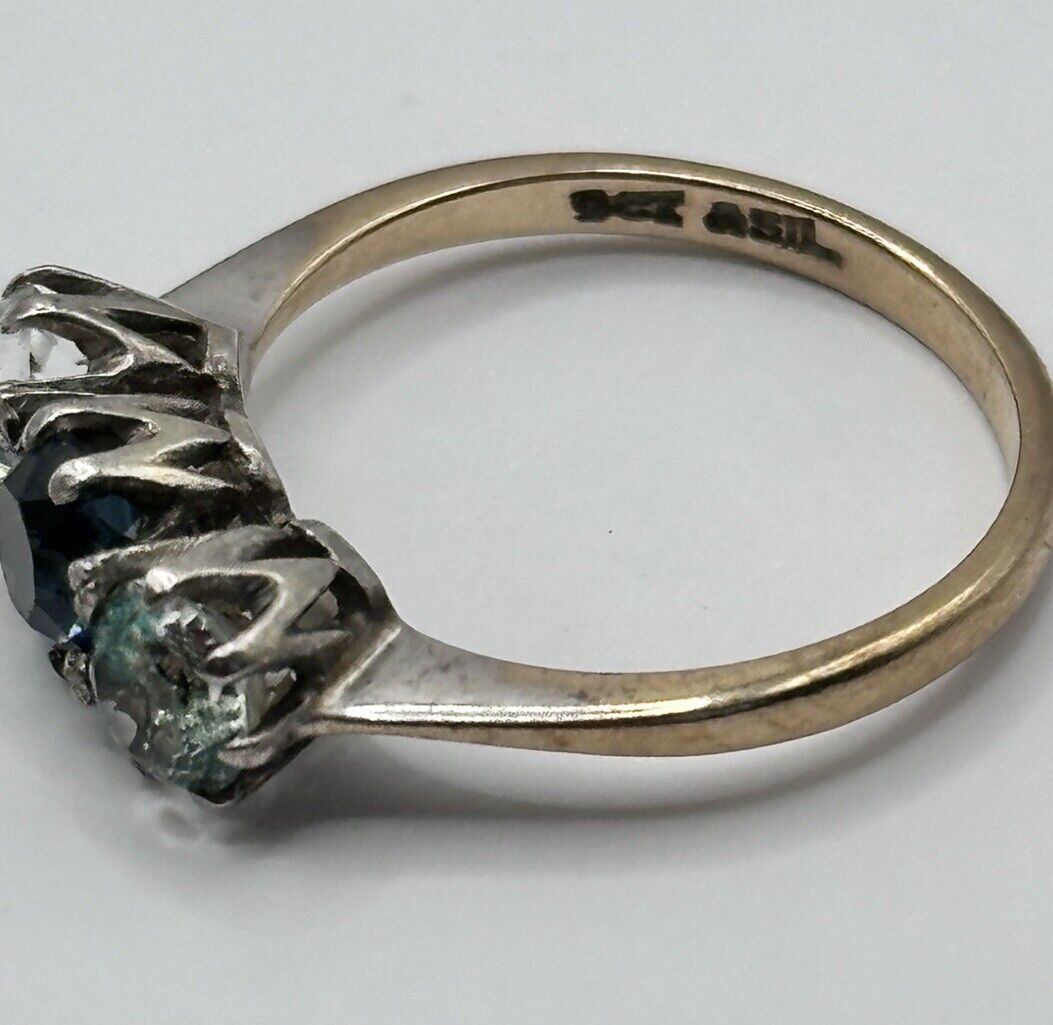 Vintage 9ct Gold And Silver Blue Clear Paste Trio Ring