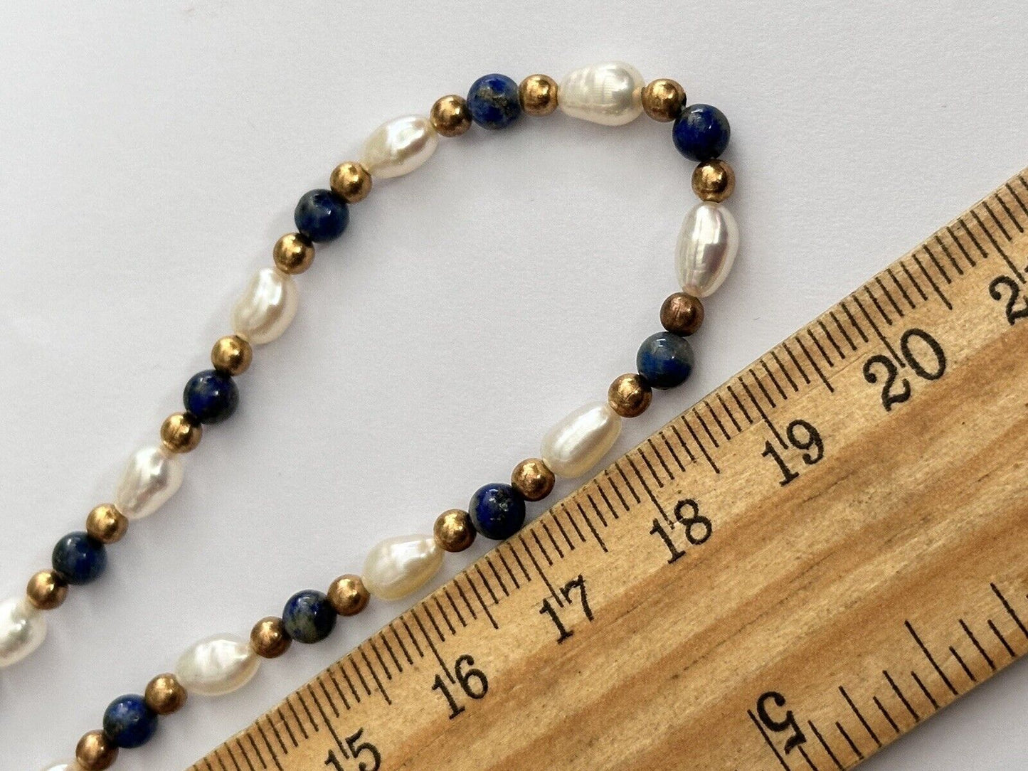 Vintage 1980s Gold Plated Pearl Lapis Lazuli Beaded Necklace