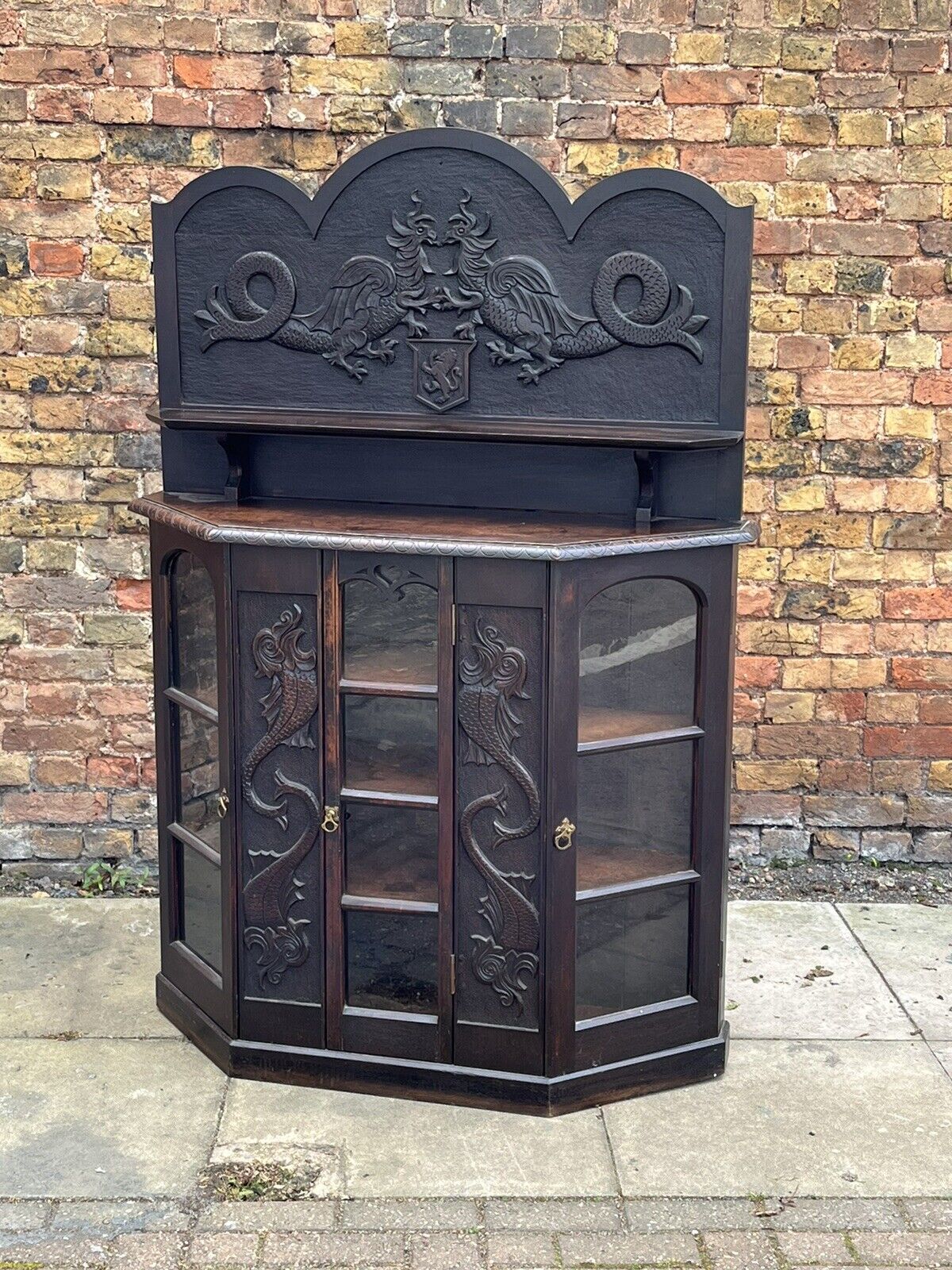 Antique Sideboard/ Display Cabinet With Carved Family Crest.