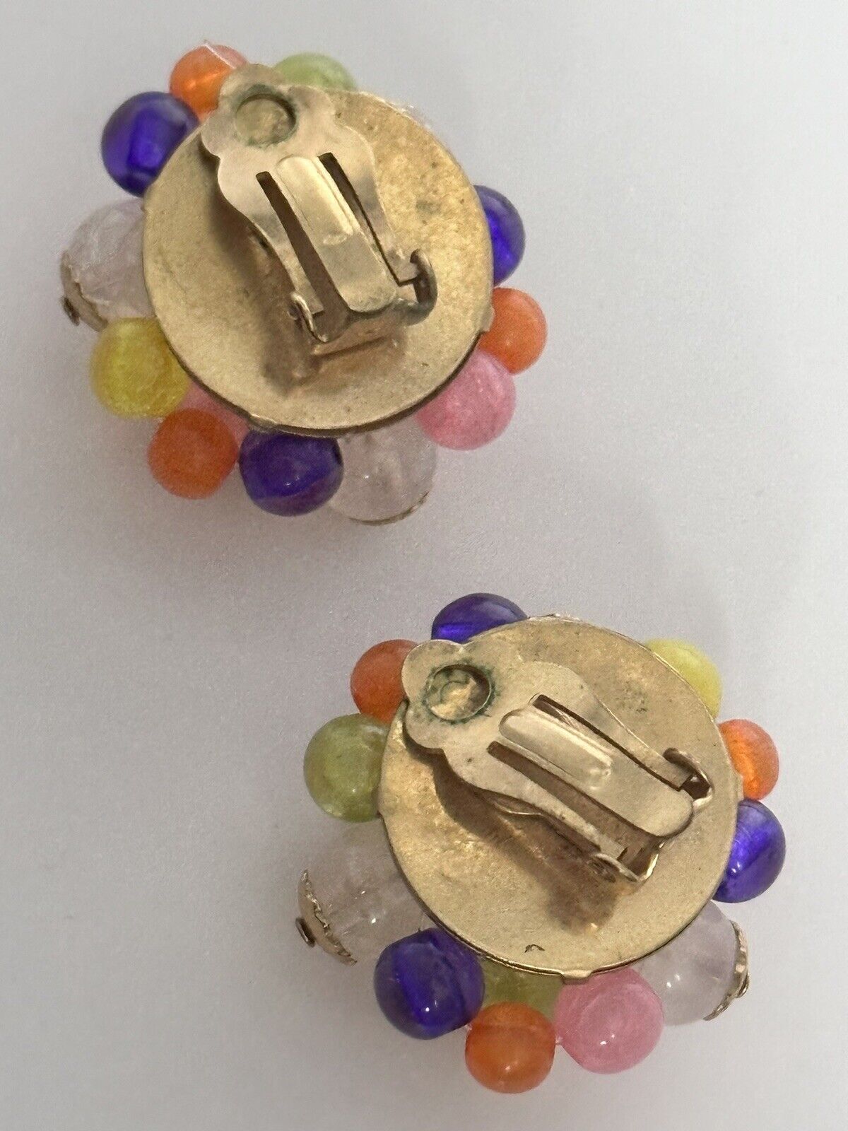 Vintage Gold Tone Multicoloured Acrylic Cluster Clip On Earrings