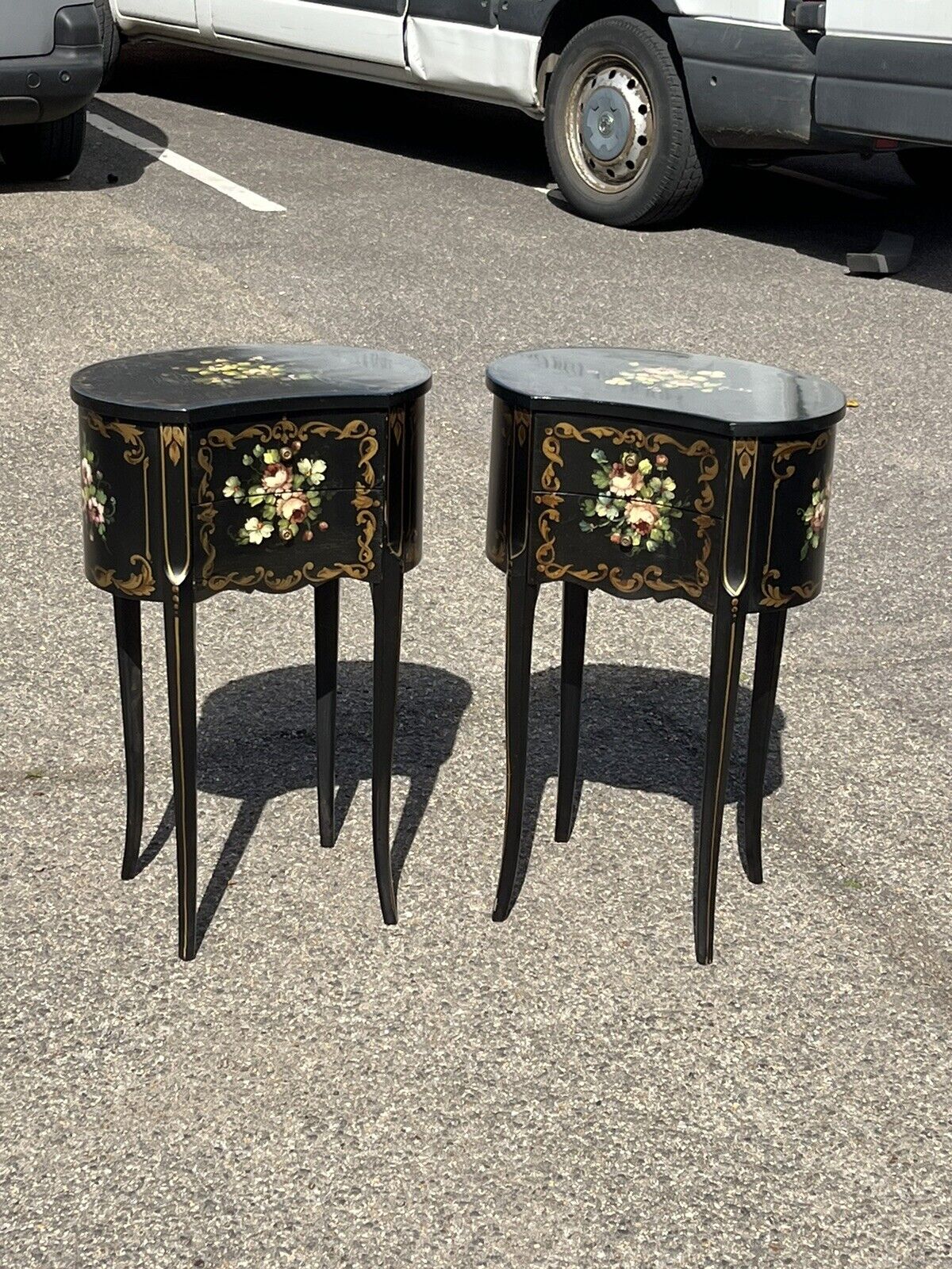 Pair Of Bedside Cabinets. Lamp Tables. Side Tables. Decorated With Flowers