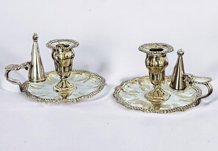 Pair Of Antique Silver Plate Candlesticks With Snuffers.