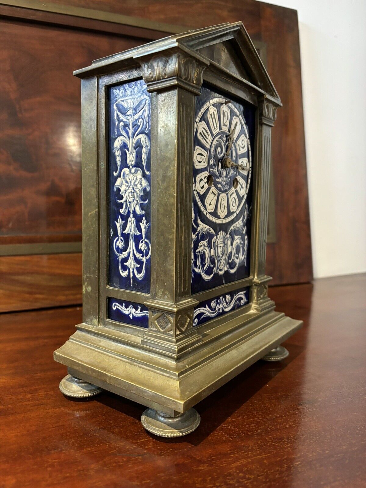 French Architectural Antique Brass Clock With Painted Panels, Chines On A Bell