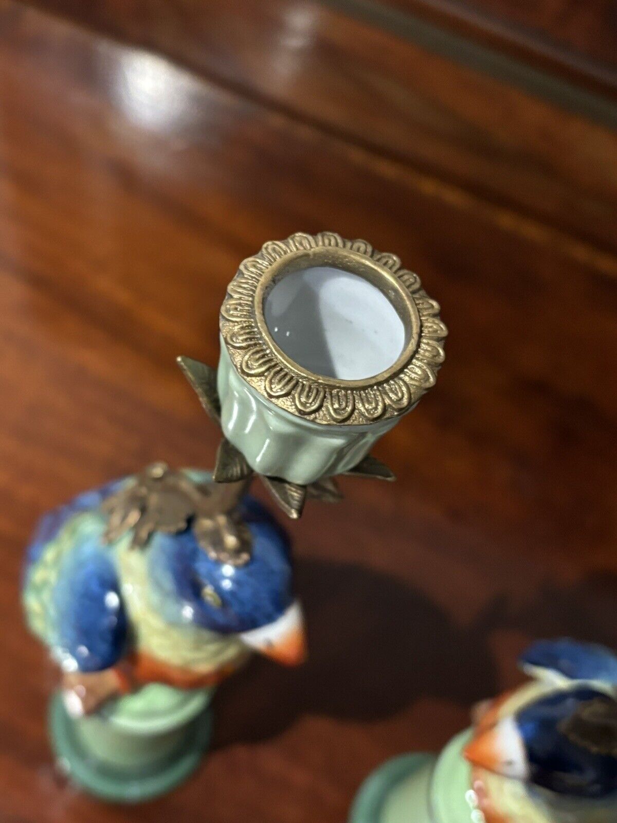 Parrot Candlesticks, Porcelain & Ormolu.