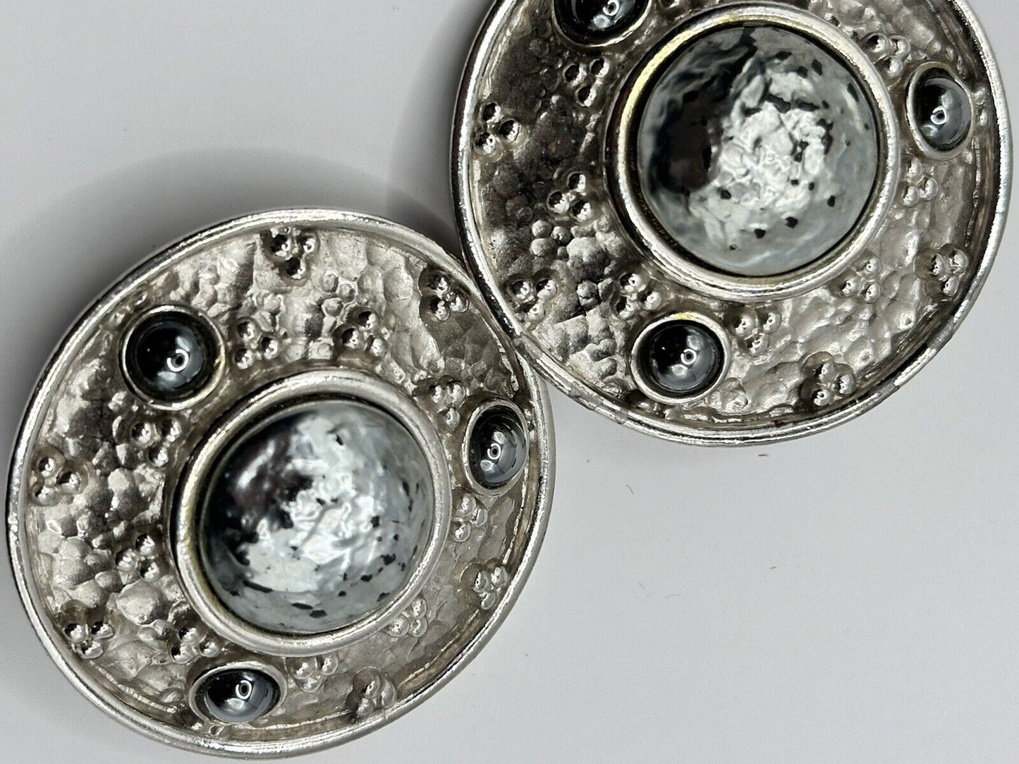 Vintage Silver Tone Etruscan Disk Clip On Earrings