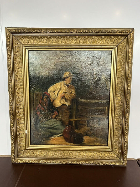 Antique Oil Painting . Oil on canvas in gold Gilt frame.